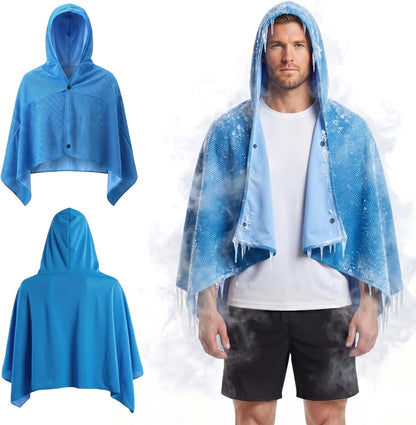 Cooling Hooded Beach Towel Cloak for Men Women -UPF 50+ Sun Proteciton Double Layer PVA Fabric Sweat-Absorbent Cool Towel Cape, Instant Cooling Soft Ice Towelfor Beach Yoga Camping (Blue)