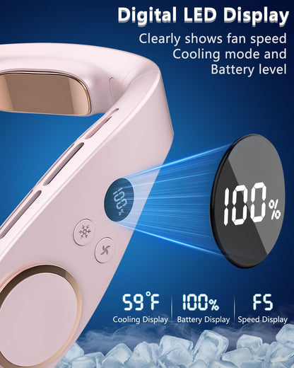 FWV Neck Fan with Cooling Plate, Quiet 30dB, 3-24Hrs Cooling,5500mAh Battery,LED Display Necklace AC Cooler, USB Bladeless Portable Personal Wearable Fans that Blow Cold Air for Men Women Kids Black