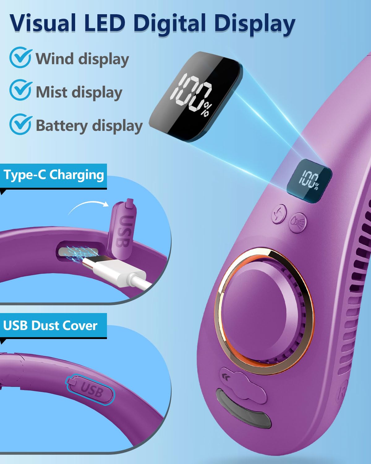 FWV Neck Fan with Cooling Plate, Quiet 30dB, 3-24Hrs Cooling,5500mAh Battery,LED Display Necklace AC Cooler, USB Bladeless Portable Personal Wearable Fans that Blow Cold Air for Men Women Kids Black
