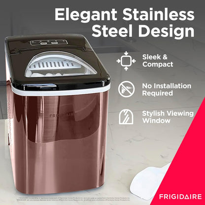 FRIGIDAIRE - Stainless Steel Countertop Ice Maker Machine with 26 lb Capacity | Ice Machine Makes 9 Cubes Every 7-15 Minutes | Portable Ice Maker for Countertop with Ice Shovel & Drain Plug