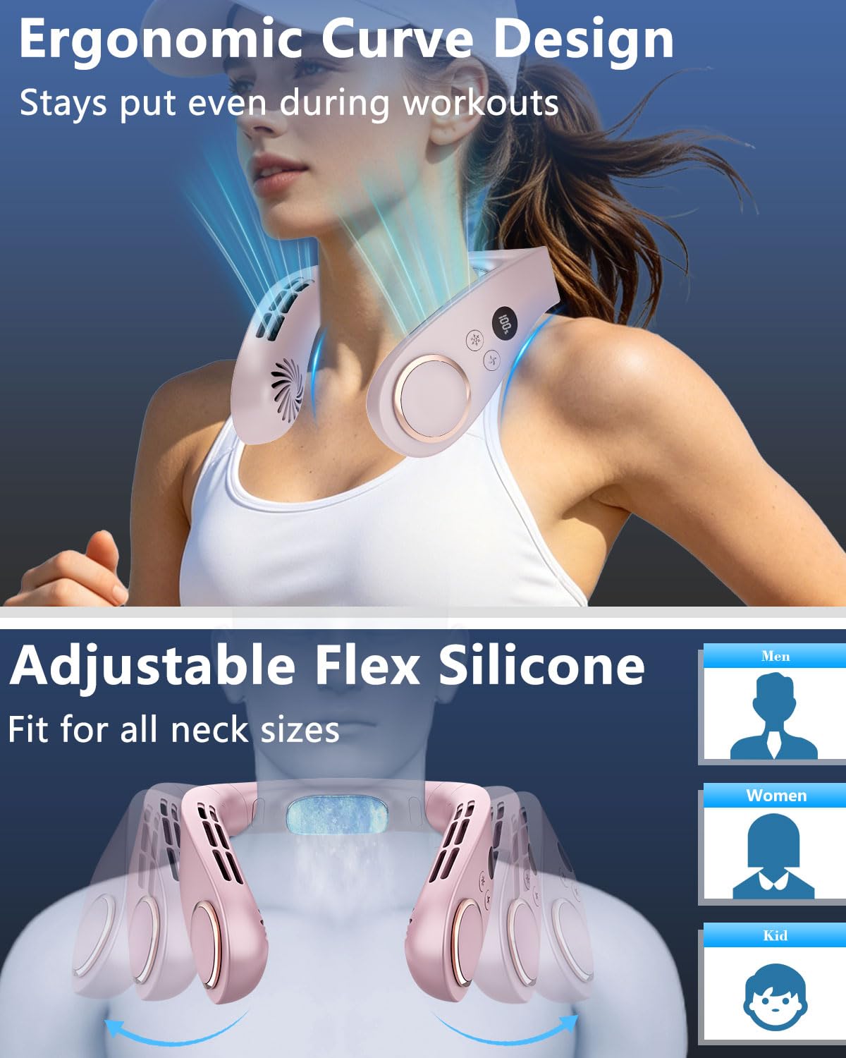 Neck Fan with Cooling Plate,5500mAh Rechargeable, Ultra Quiet Operation, 5 Speeds & 3 Cooling Modes, USB-C Fast Charging, LED Display Battery & Gear, Bladeless Fans that Blow Cold Air for Travel Blue