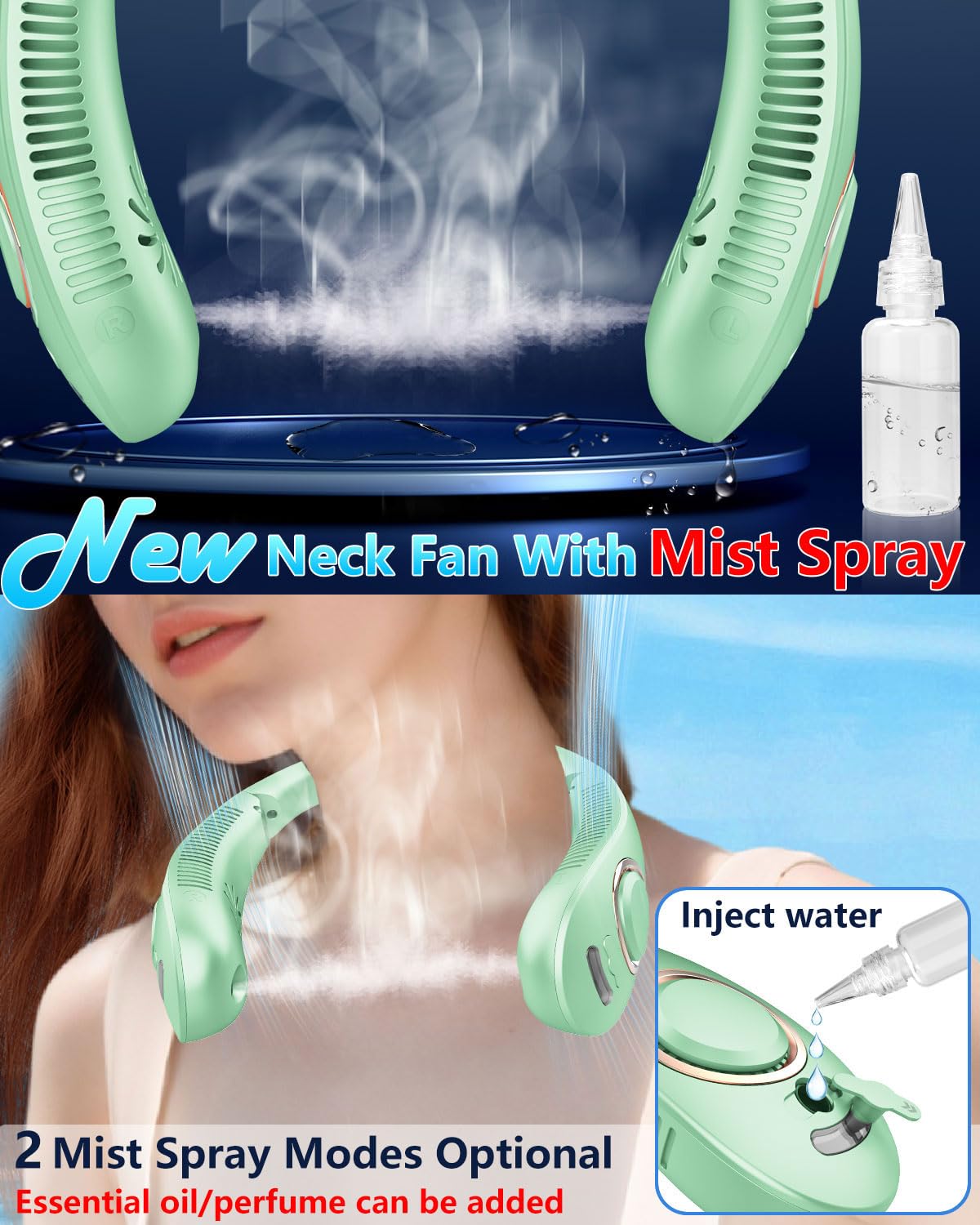 FWV Neck Fan with Cooling Plate, Quiet 30dB, 3-24Hrs Cooling,5500mAh Battery,LED Display Necklace AC Cooler, USB Bladeless Portable Personal Wearable Fans that Blow Cold Air for Men Women Kids Black