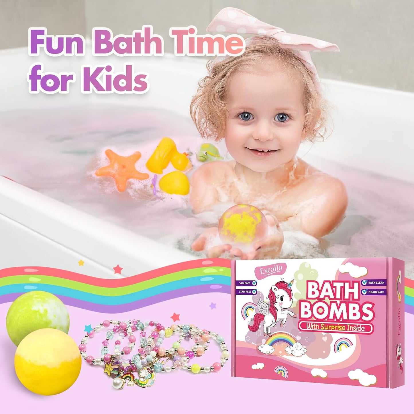Unicorn Bath Bombs with Surprise Inside for Kids Girls, 6 Kids Bath Bombs with Jewelry Inside, Natural Bubble Bath Set for Skin Moisturizing, Birthday Christmas Easter Gifts for 4 5 6 7 8 Year Old