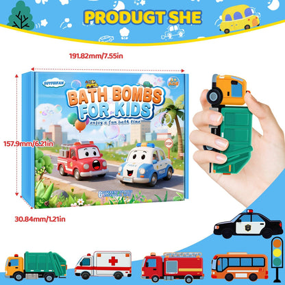 Bath Bombs for Kids, STEM Gifts for Boys Girls Ages 3-12, Handcrafted Car 6 Pack Natural Organic Bubble Bath Bomb Toys, Shaped Like Excavators, Police Car, School Buses, Fire Trucks