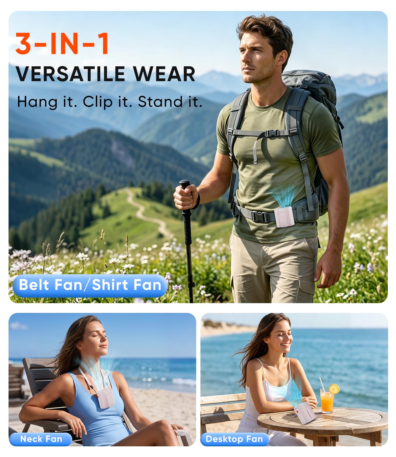 AI Portable Waist Fan, 6-Speed 15,000RPM Strong Turbo Airflow, 30H Cooling Battery Powered Personal Fan Rechargeable, Wearable Hands-Free Shirt/Belt/Body Fan for Travel, Work, Outdoor, Gift for Men