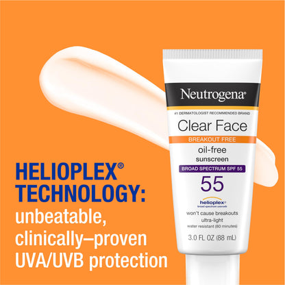 Neutrogena Clear Face Sunscreen for Acne-Prone Skin SPF 30, Broad Spectrum Facial Sunscreen Lotion, Lightweight, Non Comedogenic, Fragrance- & Oxybenzone-Free Water Resistant (80 min), 3 fl. oz