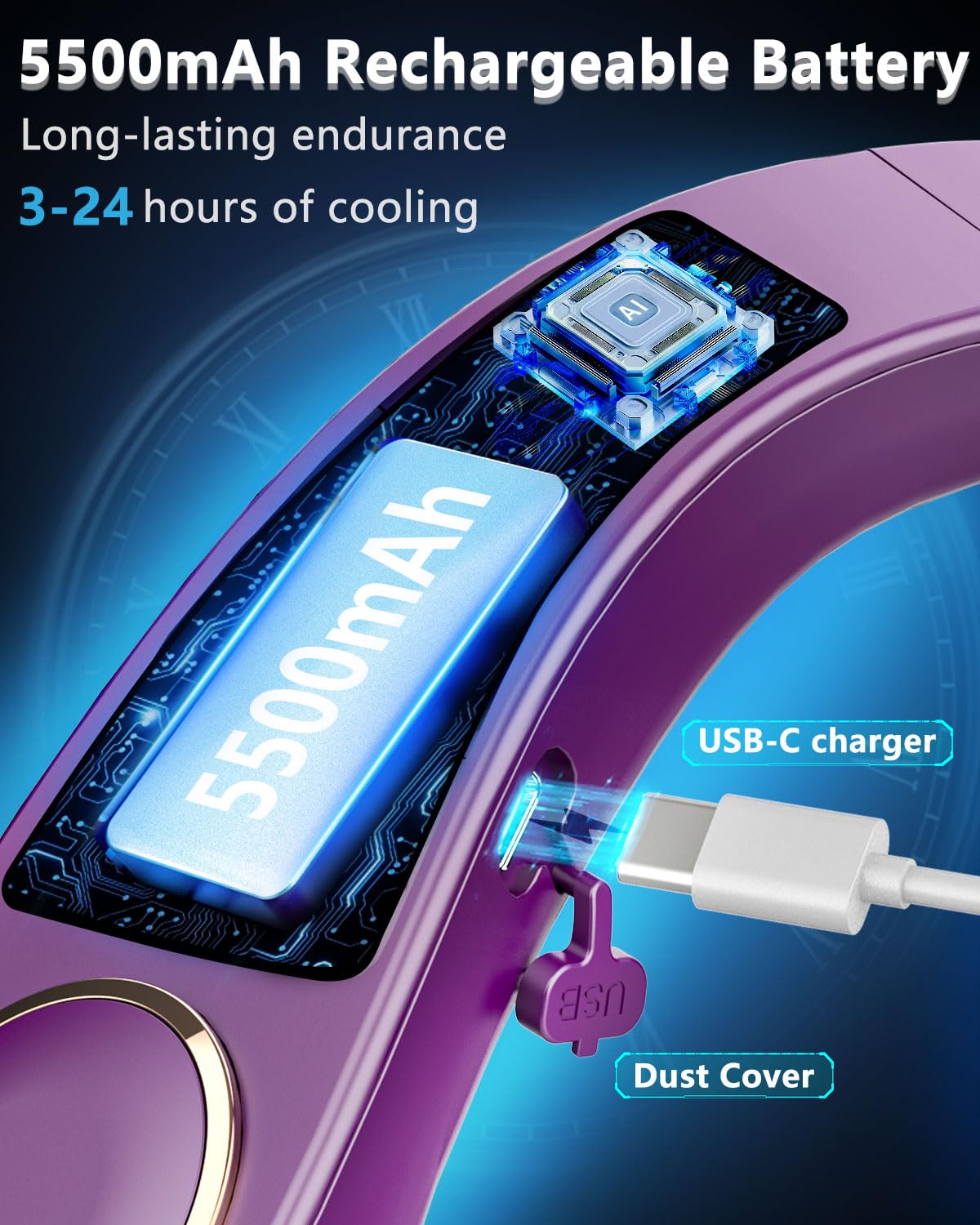 FWV Neck Fan with Cooling Plate, Quiet 30dB, 3-24Hrs Cooling,5500mAh Battery,LED Display Necklace AC Cooler, USB Bladeless Portable Personal Wearable Fans that Blow Cold Air for Men Women Kids Black