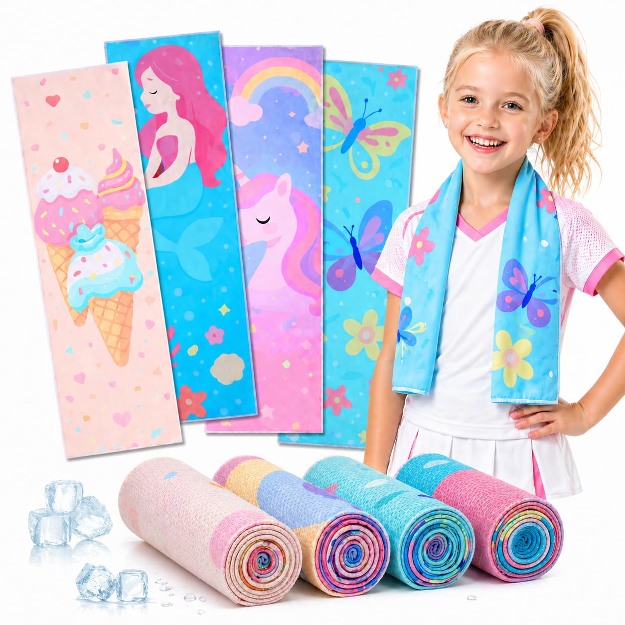 BobbleT 4 Pack Kids Cooling Towels, 30" x 9", Mini Cooling Towels for Neck and Face, Soft Breathable Cooling Neck Wraps for Girls, Ideal for Sports, School, Summer Camp & Outdoor Use