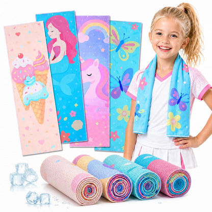 BobbleT 4 Pack Kids Cooling Towels, 30" x 9", Mini Cooling Towels for Neck and Face, Soft Breathable Cooling Neck Wraps for Girls, Ideal for Sports, School, Summer Camp & Outdoor Use