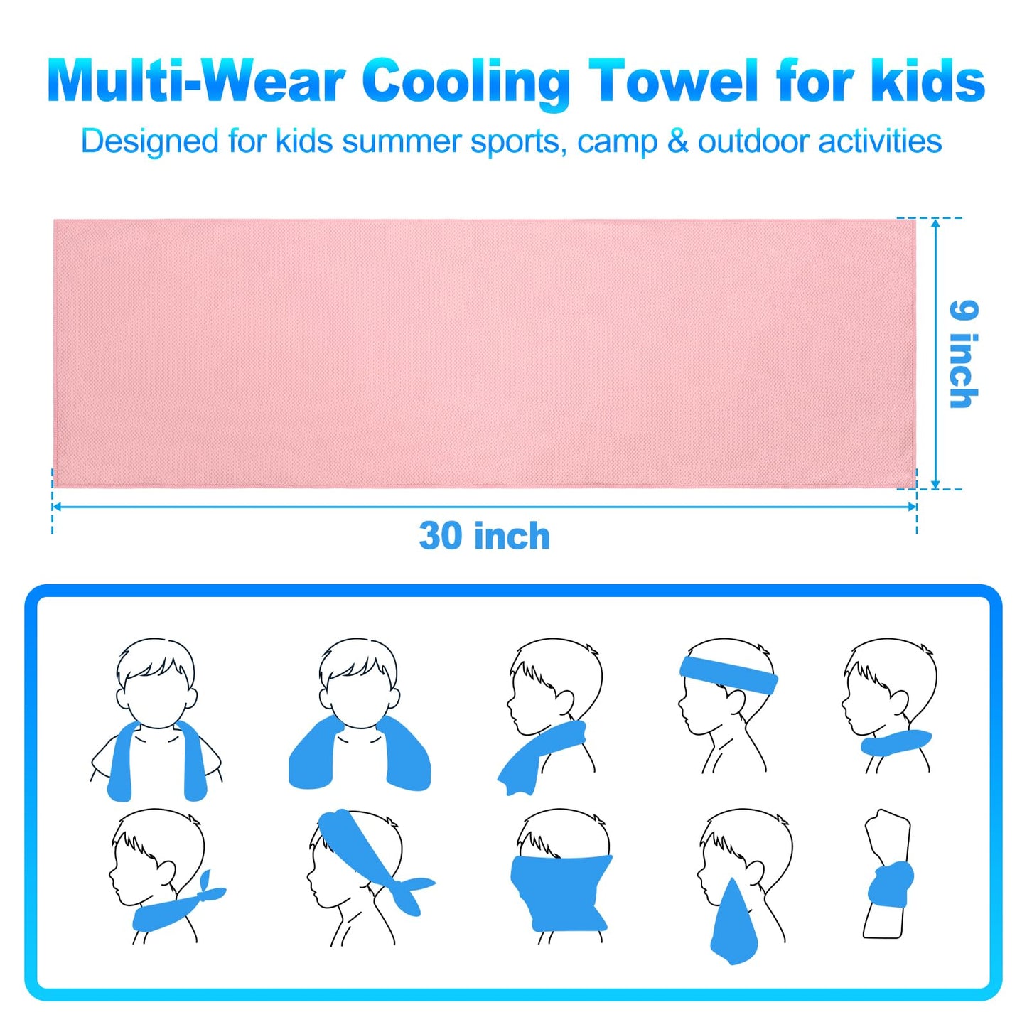 BobbleT 4 Pack Kids Cooling Towels, 30" x 9", Mini Cooling Towels for Neck and Face, Soft Breathable Cooling Neck Wraps for Girls, Ideal for Sports, School, Summer Camp & Outdoor Use