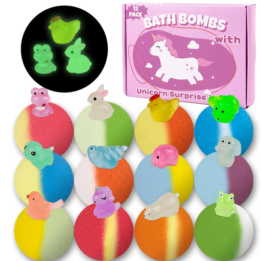 Bath Bombs for Kids, 12 Pcs Bath Bombs with Glow in The Dark Animal Surprise Inside, Handmade Organic Bubble Bath Ball Gift Set for Boys and Girls, Gift for Birthday Christmas Easter