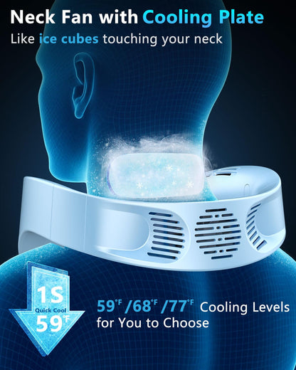 FWV Neck Fan with Cooling Plate, Quiet 30dB, 3-24Hrs Cooling,5500mAh Battery,LED Display Necklace AC Cooler, USB Bladeless Portable Personal Wearable Fans that Blow Cold Air for Men Women Kids Black