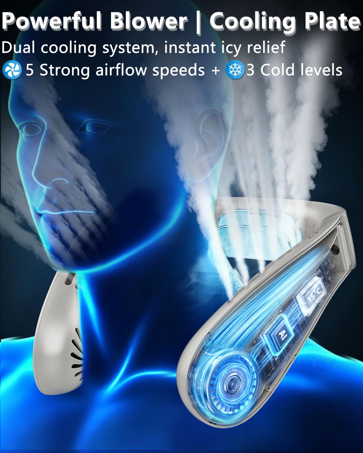 FWV Neck Fan with Cooling Plate, Quiet 30dB, 3-24Hrs Cooling,5500mAh Battery,LED Display Necklace AC Cooler, USB Bladeless Portable Personal Wearable Fans that Blow Cold Air for Men Women Kids Black