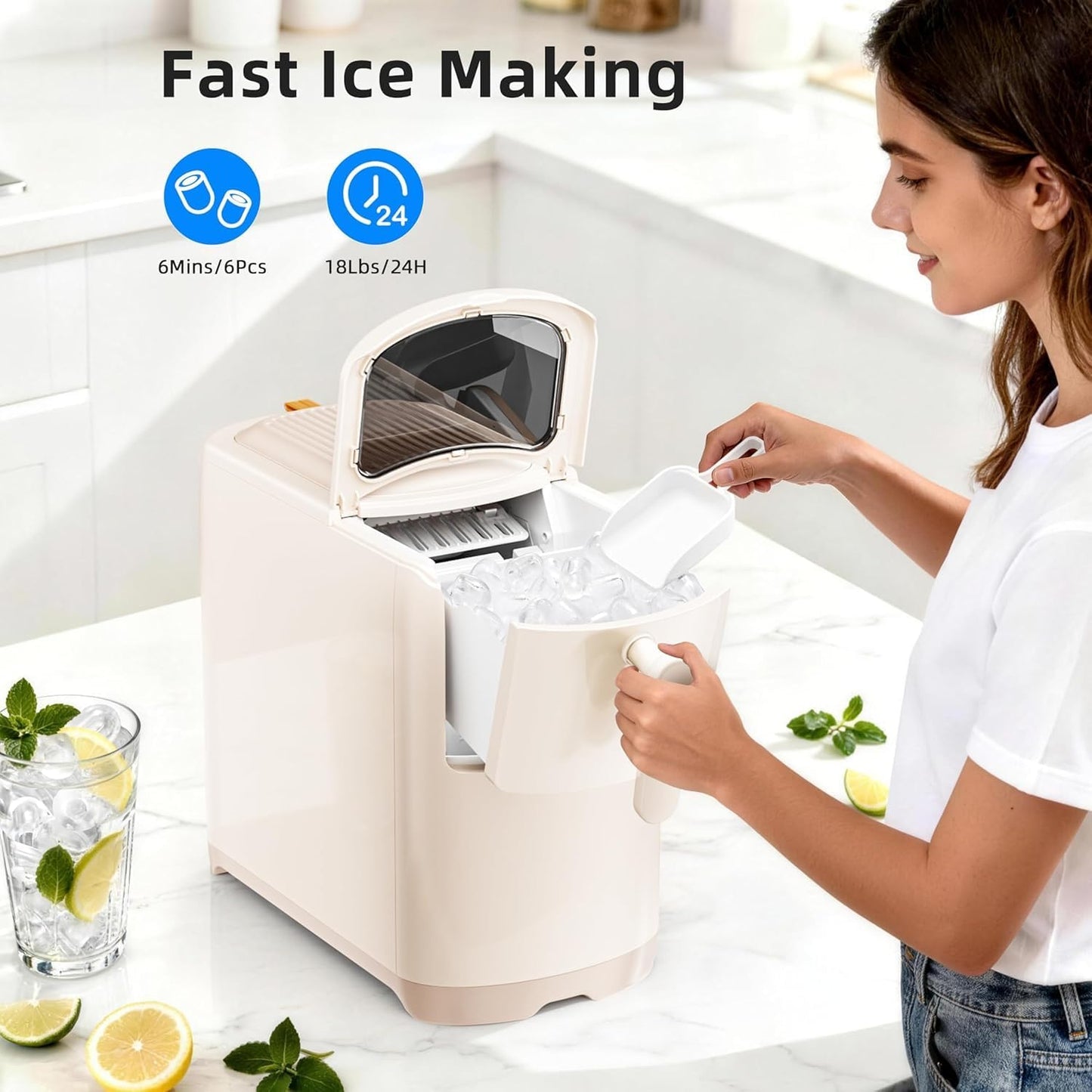Electactic Countertop Ice Maker Machine 18lbs/24H, 6-Min Fast Bullet Portable Ice Maker, 6.69” Slim Space-Saving with Auto-Drain Drawer, Self-Cleaning, Scoop for Kitchen RV, Cream White