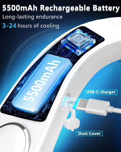 FWV Neck Fan with Cooling Plate, Quiet 30dB, 3-24Hrs Cooling,5500mAh Battery,LED Display Necklace AC Cooler, USB Bladeless Portable Personal Wearable Fans that Blow Cold Air for Men Women Kids Black