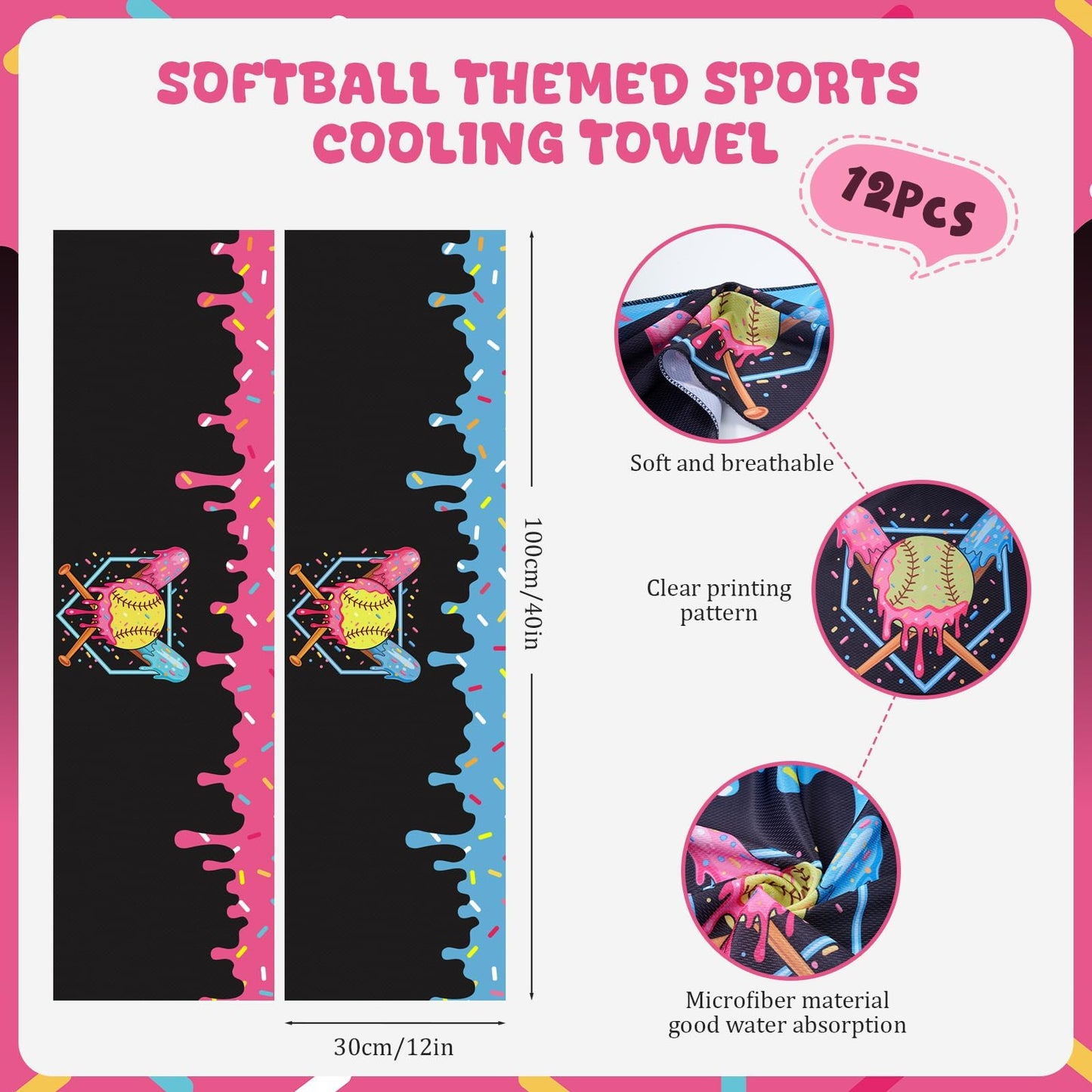 Set of 12 Softball Ice Cream Drip Cooling Towels 40"x12", Sweat Absorbent Cooling Towels for Coach & Team Gifts, Youth Sports, Gym, Beach, Pool & Hot Weather Party Favors