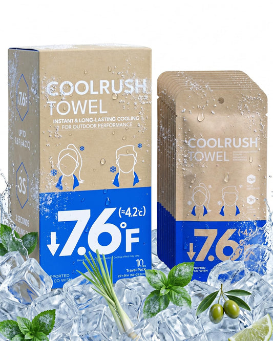 CoolRush Towel with Natural Mint Extract, Instant 3-Second Cooling Towel, Reusable Sports Cooling Wipes for Summer Heat, Alcohol-Free, for Running, Cycling, Gym, Outdoor Activities(10 Pack)