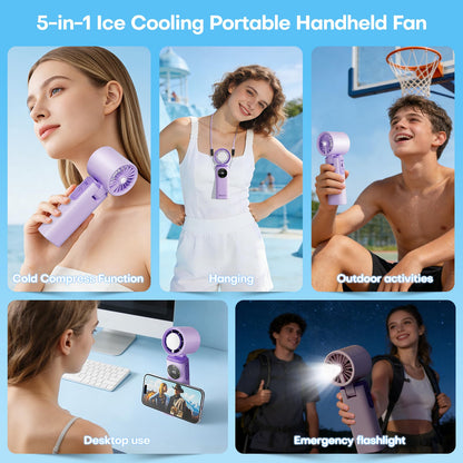 6000mAh Portable Handheld Fan with Ice Cooling, 199 Levels Stepless Speed, 20H Long Battery Life, 20000RPM Turbo Fan Rechargeable Personal Mini Fan for Travel, Outdoor, Makeup (White)
