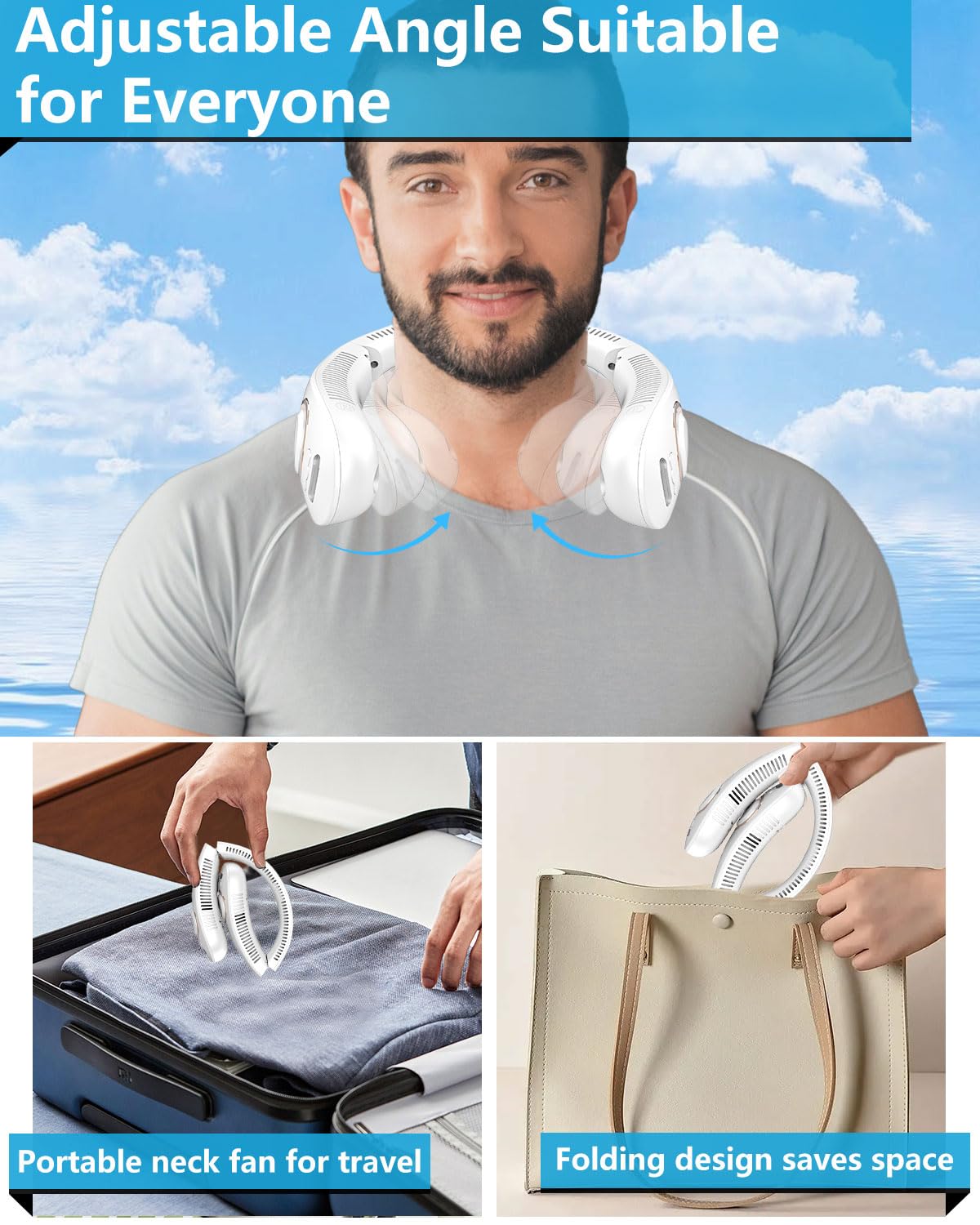 FWV Neck Fan with Cooling Plate, Quiet 30dB, 3-24Hrs Cooling,5500mAh Battery,LED Display Necklace AC Cooler, USB Bladeless Portable Personal Wearable Fans that Blow Cold Air for Men Women Kids Black