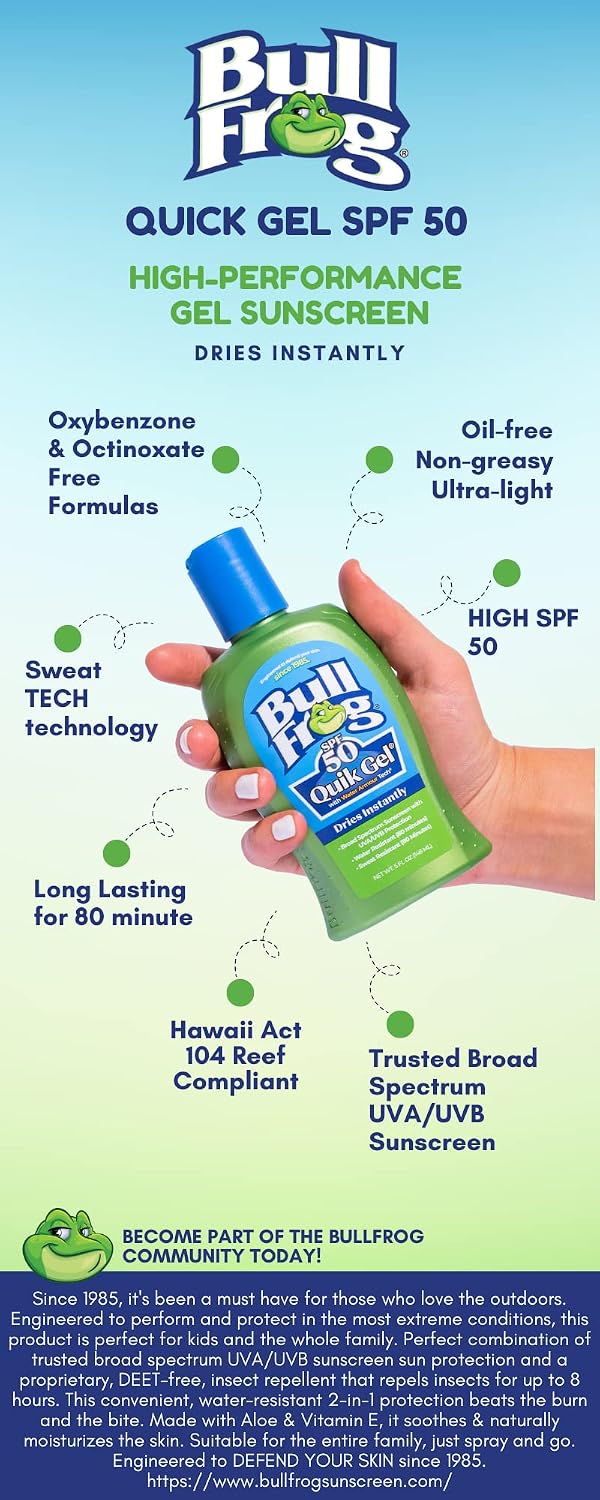 Bullfrog Quik Gel Sunscreen SPF 50 | Oxybenzone & Octinoxate Free | Broad Spectrum Moisturizing UVA/UVB, 5oz…