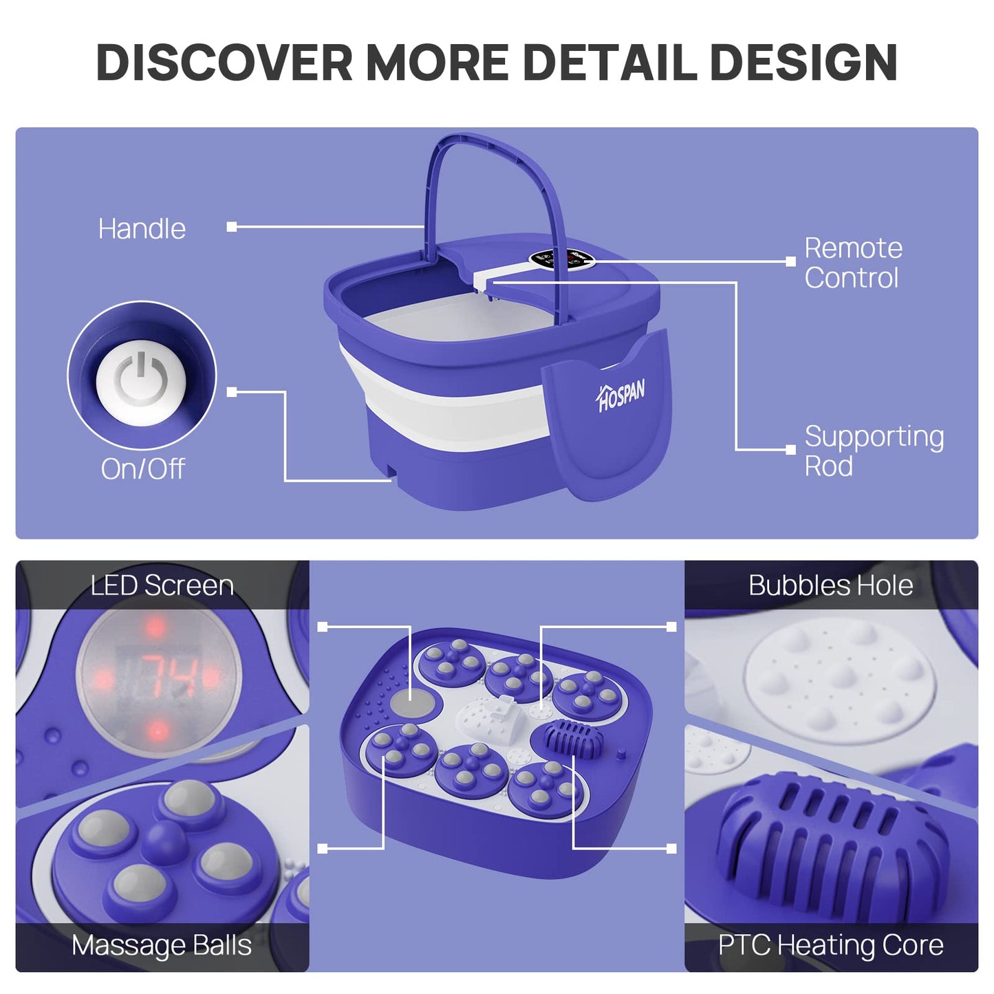 HOSPAN Collapsible Foot Spa Electric Rotary Massage, Foot Bath with Heat, Bubble, Remote, and 24 Motorized Shiatsu Massage Balls. Pedicure Foot Spa for Feet Stress Relief - FS02A