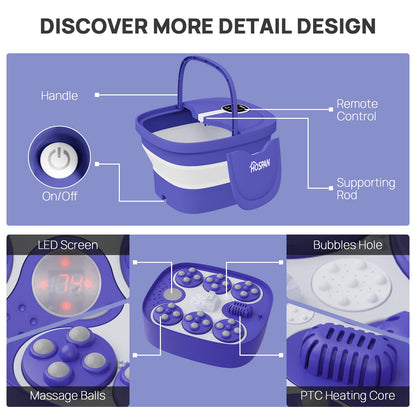 HOSPAN Collapsible Foot Spa Electric Rotary Massage, Foot Bath with Heat, Bubble, Remote, and 24 Motorized Shiatsu Massage Balls. Pedicure Foot Spa for Feet Stress Relief - FS02A