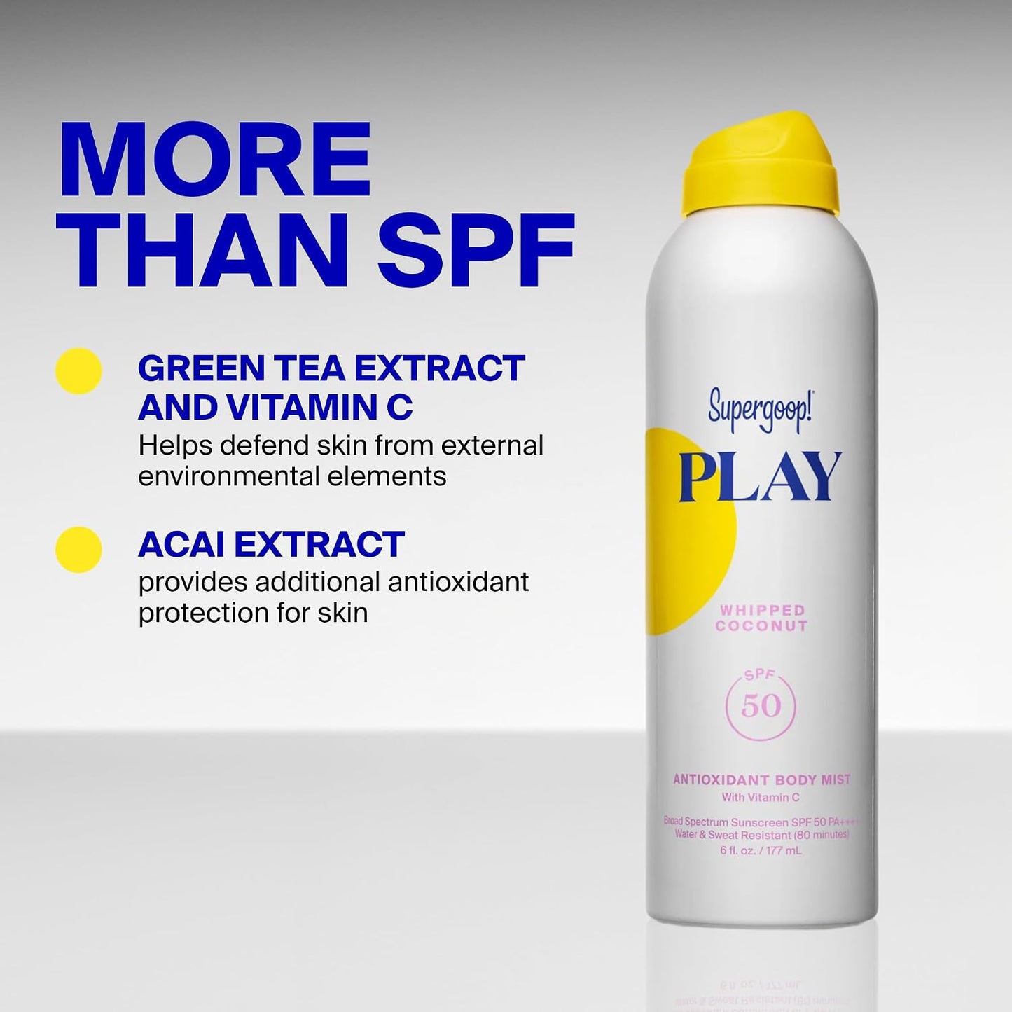 Supergoop! PLAY Antioxidant Body Mist w/Vitamin C - 6 fl oz - SPF 50 PA++++ Broad Spectrum Sunscreen - Body Spray - Great for Active Days - Whipped Coconut