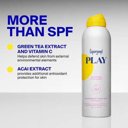 Supergoop! PLAY Antioxidant Body Mist w/Vitamin C - 6 fl oz - SPF 50 PA++++ Broad Spectrum Sunscreen - Body Spray - Great for Active Days - Whipped Coconut
