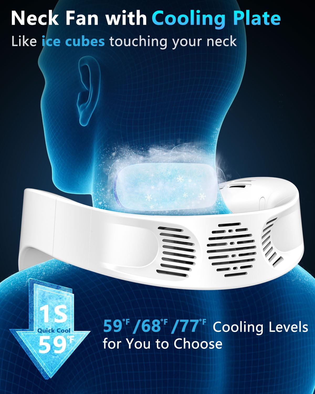 FWV Neck Fan with Cooling Plate, Quiet 30dB, 3-24Hrs Cooling,5500mAh Battery,LED Display Necklace AC Cooler, USB Bladeless Portable Personal Wearable Fans that Blow Cold Air for Men Women Kids Black