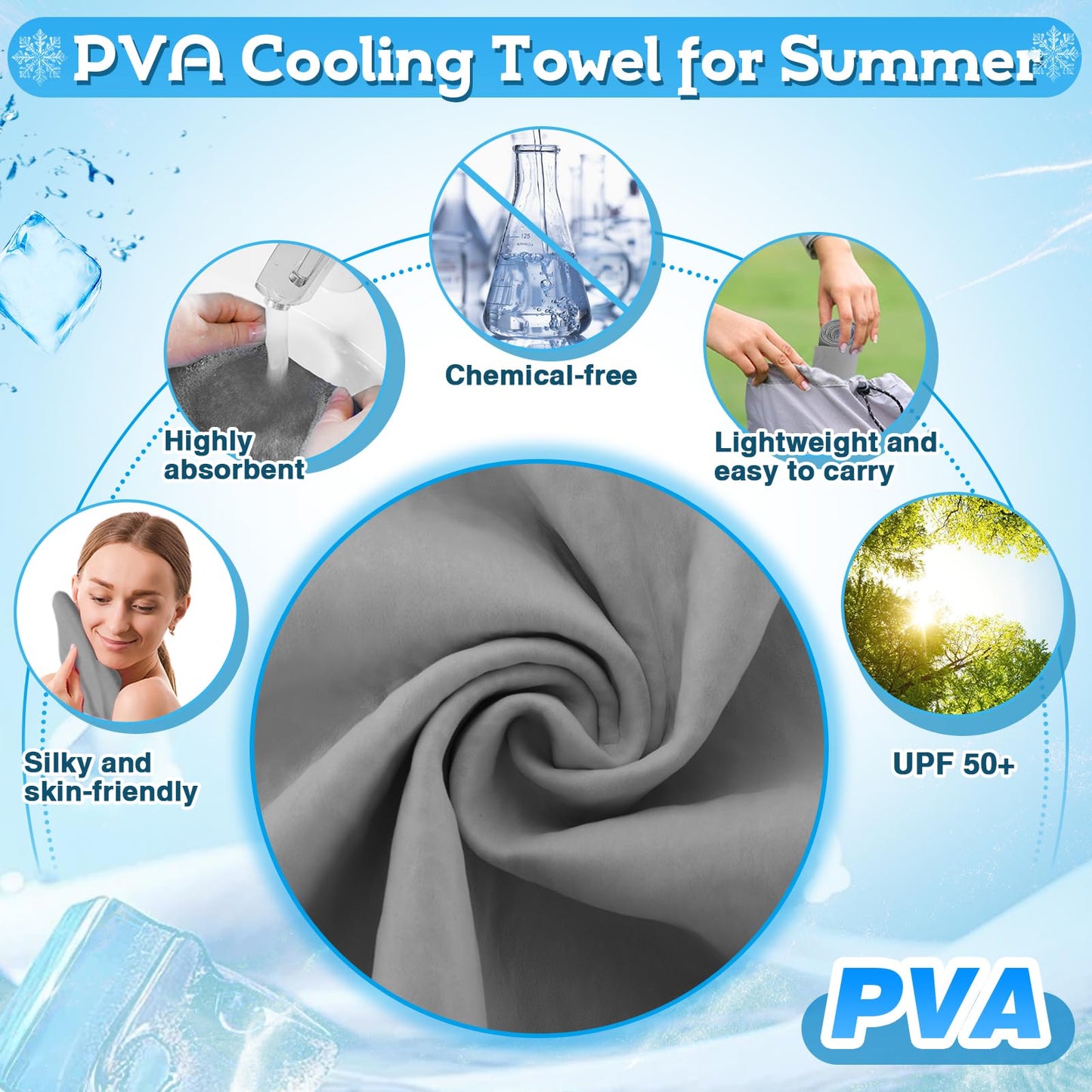 Cosweet PVA Cooling Towels - Quick Chilly Gym Towel Lasts 5 Hours for Neck and Face Hot Weather, Highly Absorbent, UPF 50+ for Outdoor Workout Sports Golf (2Pcs 33.5" x 13", Grey)
