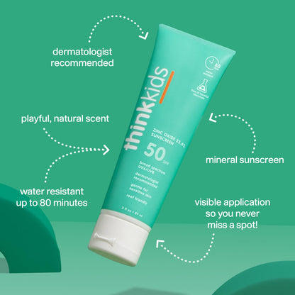 Thinkkids SPF 50+ Mineral Sunscreen, 6 Fl Oz – Safe, Natural Baby Mineral Sunscreen for Children - Water Resistant Sun Cream – Broad Spectrum UVA/UVB Sun Protection – Reef Safe