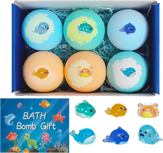 6Pack Natural Bath Bombs with Mega Bubbles & Surprise Inside, Ocean Toy Bath Salt Ball Sleeve Box Bath Bombs, Animal BulkEaster Basket Stuffers, Skin-Friendly Bathing Kit (6PCS)