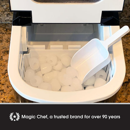 Magic Chef 27-Lb. Portable Ice Maker in Silver, Tabletop Ice Maker for Kitchen, Apartment, Dorm, and Basement with Viewing Window, 2 Ice Cube Sizes, and Ice & Water Level Indicator Lights