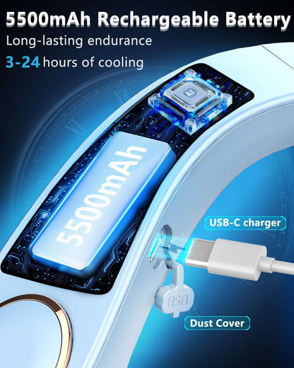 FWV Neck Fan with Cooling Plate, Quiet 30dB, 3-24Hrs Cooling,5500mAh Battery,LED Display Necklace AC Cooler, USB Bladeless Portable Personal Wearable Fans that Blow Cold Air for Men Women Kids Black