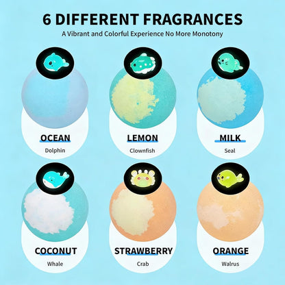 6Pack Natural Bath Bombs with Mega Bubbles & Surprise Inside, Ocean Toy Bath Salt Ball Sleeve Box Bath Bombs, Animal BulkEaster Basket Stuffers, Skin-Friendly Bathing Kit (6PCS)