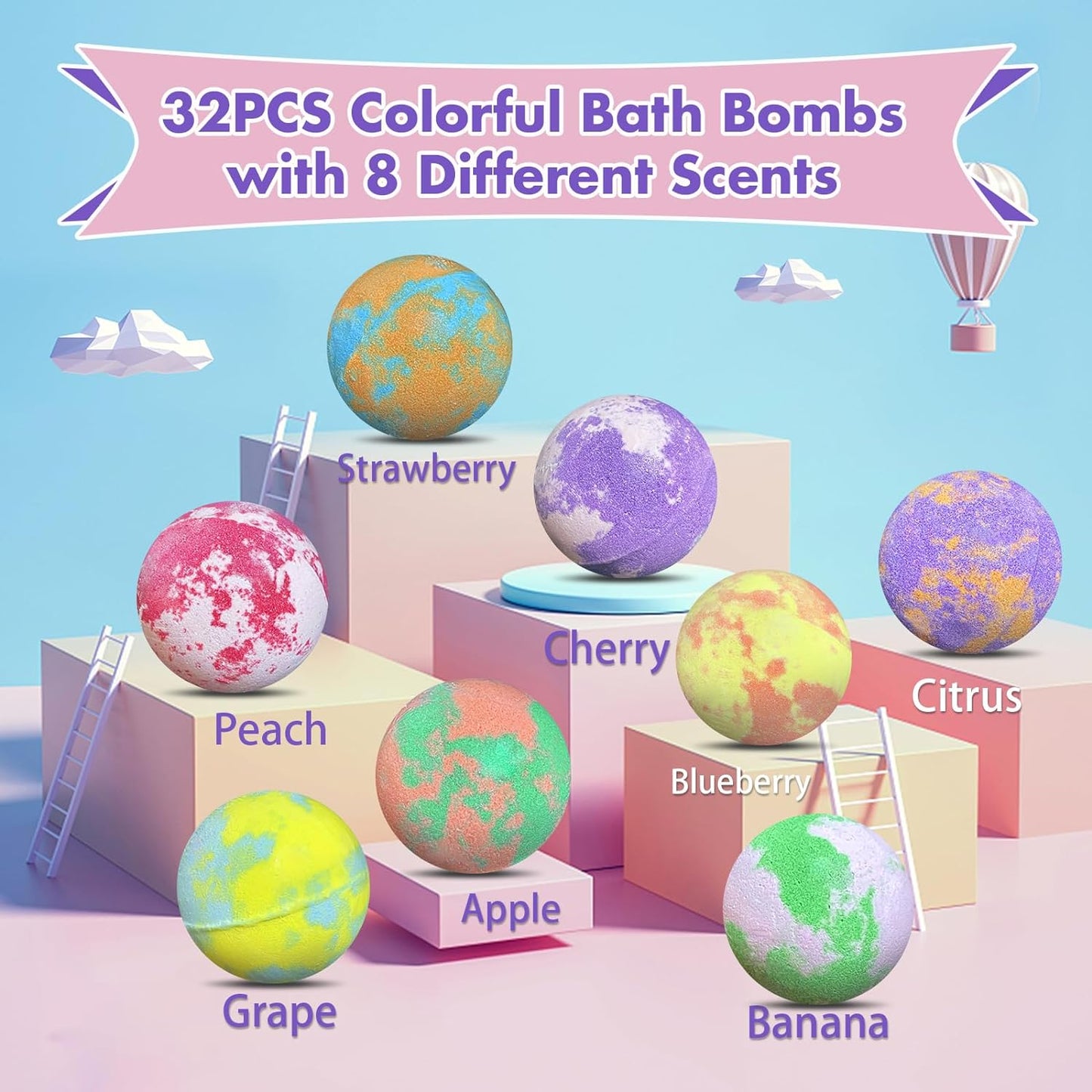 Bath Bombs for Kids with Surprise Inside, 32 Pack Kids Bath Bombs with Land & Sea Animal Toys, Bubble Bath Fizzy Ball for Girls Boys with Bath Toys, Fun Birthday Gift Handmade Child-Safe Bath Bomb