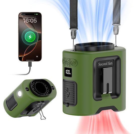 Socool 10000mAh Portable Waist Fan Clip on Wearable Belt Personal Fan Rechargeable Battery operated With 5 Speeds & Flashlight Neck Hands-Free 40H Cooling For Outdoor Camping Travel (Black)