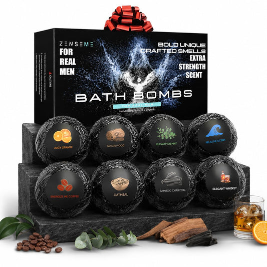 Bath Bombs for Men, Gift Set of 8 Scented Organic Handmade Bath Bombs of 2.5 oz with Natural Essential Oils for Boyfriend, Husband, Father or Friend, by ZenseMe