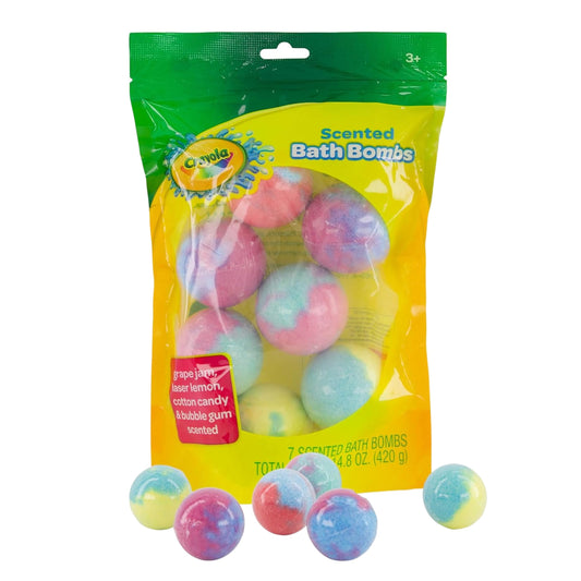 Crayola Scented Bath Bombs for Kids (7 Count), Non-Toxic, Stain Free, Multi-Colored Fizzy Bath Bombs with Grape, Lemon, Cotton Candy & Bubblegum Scents