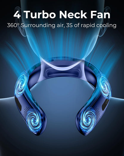 Portable Neck Fan, 4 Turbo Bladeless Neck Fan, 4000 mAh Battery Operated USB Rechargeable Personal Fan, 360° Cooling Hands Free Fan, 3 Speeds, LED Display, Wearable Fan for Office Travel Gifts