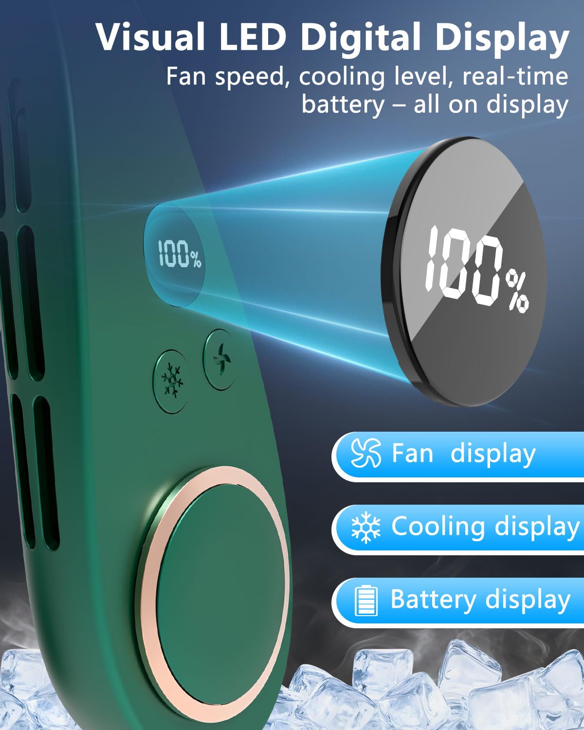 Neck Fan with Cooling Plate,5500mAh Rechargeable, Ultra Quiet Operation, 5 Speeds & 3 Cooling Modes, USB-C Fast Charging, LED Display Battery & Gear, Bladeless Fans that Blow Cold Air for Travel Blue