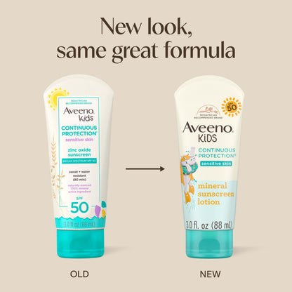 Aveeno Kids Continuous Protection Zinc Oxide Broad Spectrum Sunscreen Lotion for Kids’ Sensitive Skin. SPF 50 Oxybenzone Free Sunscreen, Tear- and Sweat-Free and Water-Resistant, Non-Greasy, 3 Fl Oz