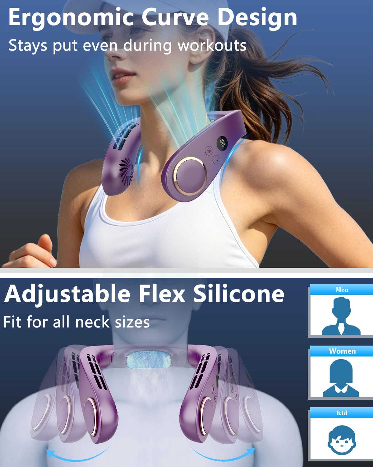 Neck Fan with Cooling Plate,5500mAh Rechargeable, Ultra Quiet Operation, 5 Speeds & 3 Cooling Modes, USB-C Fast Charging, LED Display Battery & Gear, Bladeless Fans that Blow Cold Air for Travel Blue