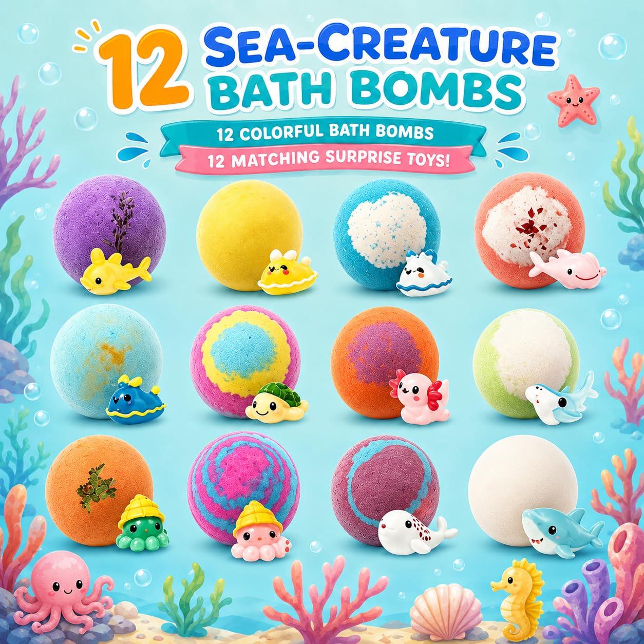 Bath Bombs with Toys Inside, 12 Pack Kids Bath Bombs with Surprise Inside, Play Fizz Bubble Bath Ball, Natural Organic Non Toxic Bath Bomb Gift Set for Boys Girls Toddler (Sea Animal)
