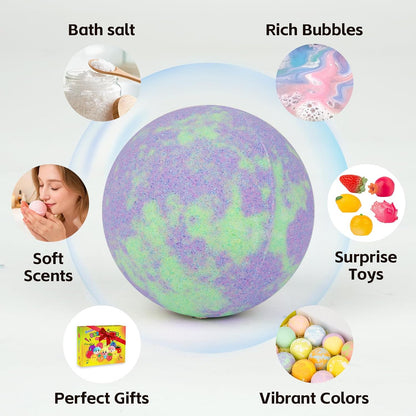 Bath Bombs for Kids with Toys Inside, 12 Pack Kids Bath Bombs with Fruit Food Toys, Surprise Colorful Bubble Spa Fizzies Ball with Bath Toys, Christmas Birthday Gifts for Girls & Boys