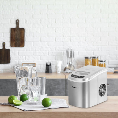 Magic Chef 27-Lb. Portable Ice Maker in Silver, Tabletop Ice Maker for Kitchen, Apartment, Dorm, and Basement with Viewing Window, 2 Ice Cube Sizes, and Ice & Water Level Indicator Lights