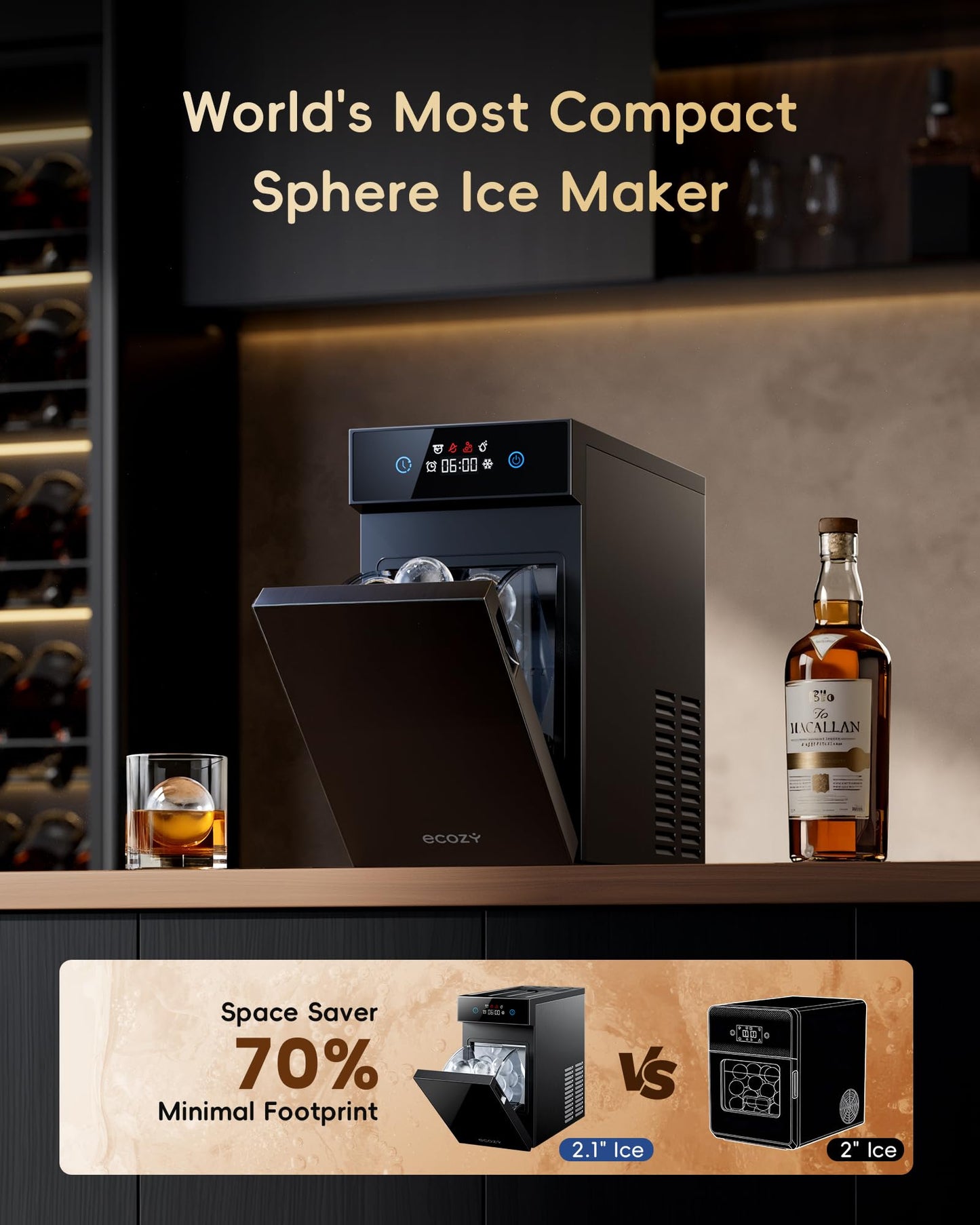 ecozy 2" Clear Ice Ball Maker Countertop with CrystalFlux Technology, 4 pcs in 40 Mins, 144 pcs/Day, Sphere Ice Maker with Automatic Water Supply, Self-Cleaning, Enhanced Insulation for Whiskey Bar