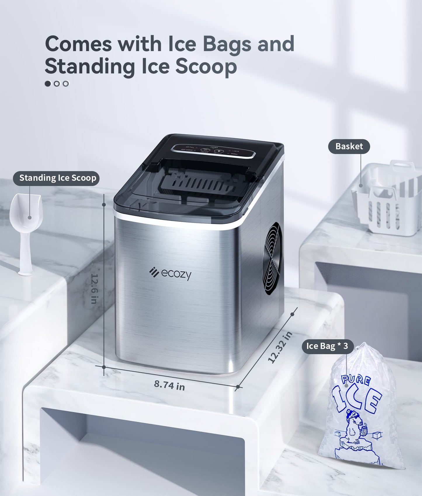 ecozy 2" Clear Ice Ball Maker Countertop with CrystalFlux Technology, 4 pcs in 40 Mins, 144 pcs/Day, Sphere Ice Maker with Automatic Water Supply, Self-Cleaning, Enhanced Insulation for Whiskey Bar