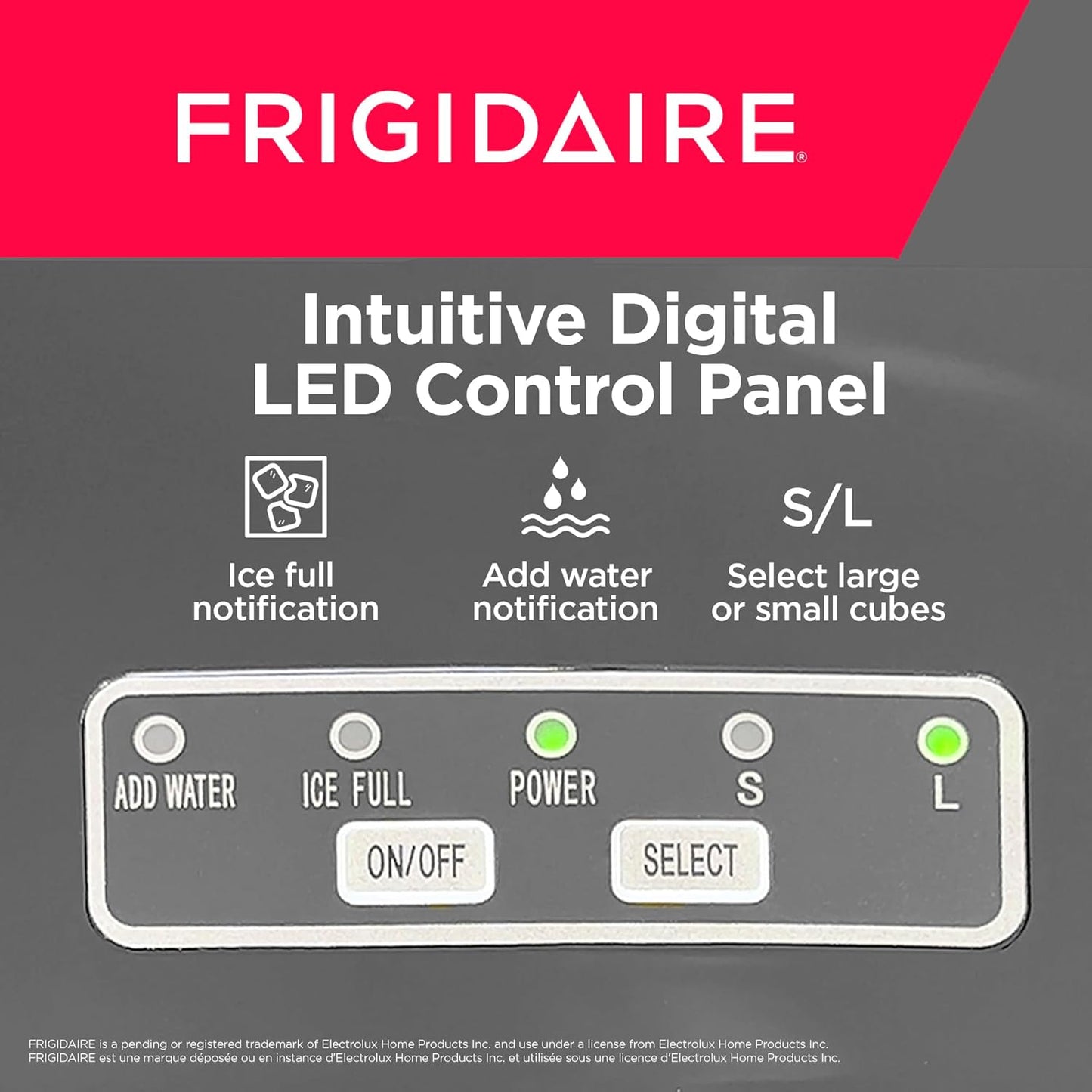 FRIGIDAIRE - Stainless Steel Countertop Ice Maker Machine with 26 lb Capacity | Ice Machine Makes 9 Cubes Every 7-15 Minutes | Portable Ice Maker for Countertop with Ice Shovel & Drain Plug