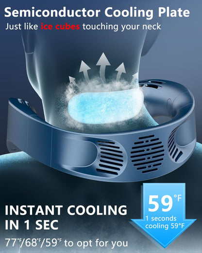 Neck Fan with Cooling Plate,5500mAh Rechargeable, Ultra Quiet Operation, 5 Speeds & 3 Cooling Modes, USB-C Fast Charging, LED Display Battery & Gear, Bladeless Fans that Blow Cold Air for Travel Blue
